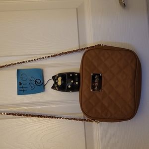 BEBE quilted leather crossbody bag with chain and leather strap/ brown